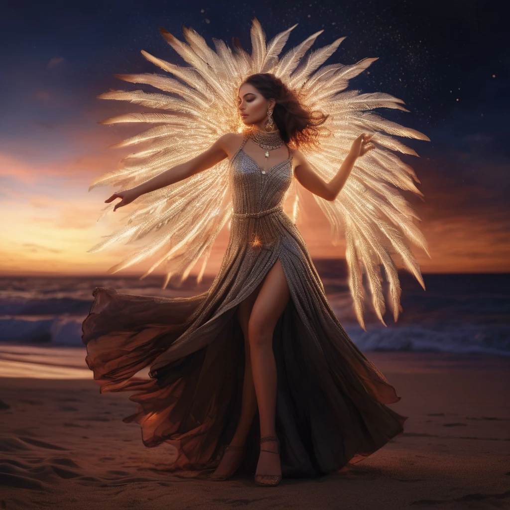 dancer with feathers and jewelry at night on the beach by the fire in the style of magali villeneuve, eve ventrue, anna dittmann, realistic depiction of light, luminous pointillism, daz3d, the stars art group (xing xing), sultan mohammed, burned/charred