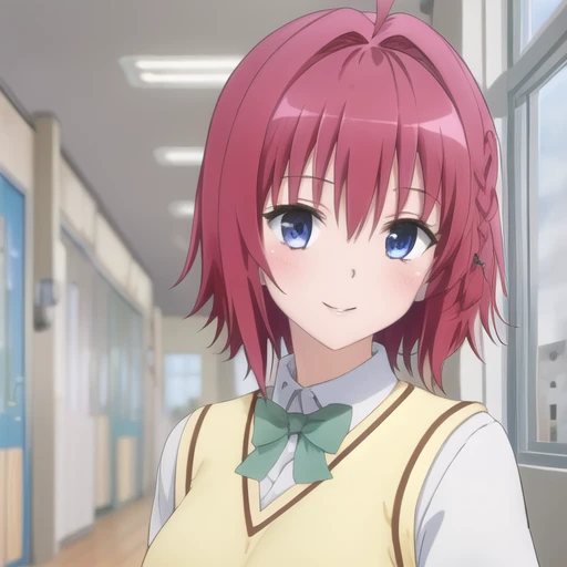 (masterpiece, best quality:1.2),illustration,8k,hd,1girl,solo,upper body,smile,short_hair,long_hair,blue_eyes,hair_ornament,bow,school_uniform,braid,ahoge,red_hair,bowtie,green_bow,skirt,shirt,very_long_hair,short_sleeves,pleated_skirt,shoes,socks,plaid_skirt,hair_bobbles,green_skirt,sweater_vest,loafers,<lora:Kurosaki Meia-V1:0.8>,