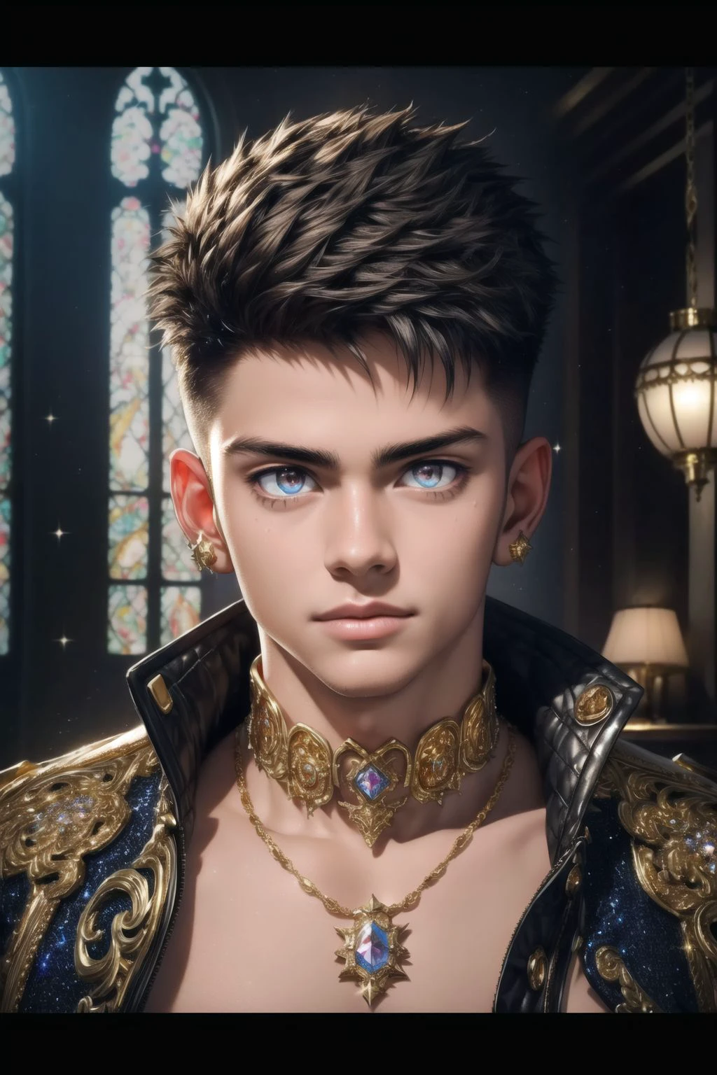 (masterpiece, best quality:1.2), 8k, insane details, intricate details, hyperdetailed, hyper quality, high detail, ultra detailed, professional, HDR, realistic, ray tracing reflection, detailed skin, detailed beautiful eyes, official art, short spiked hair,
1boy, cute, god, cinematic lighting, ornate, (glitter, sparkly golden:1.2), ornament, diamond, head shot, sexy, handsome,