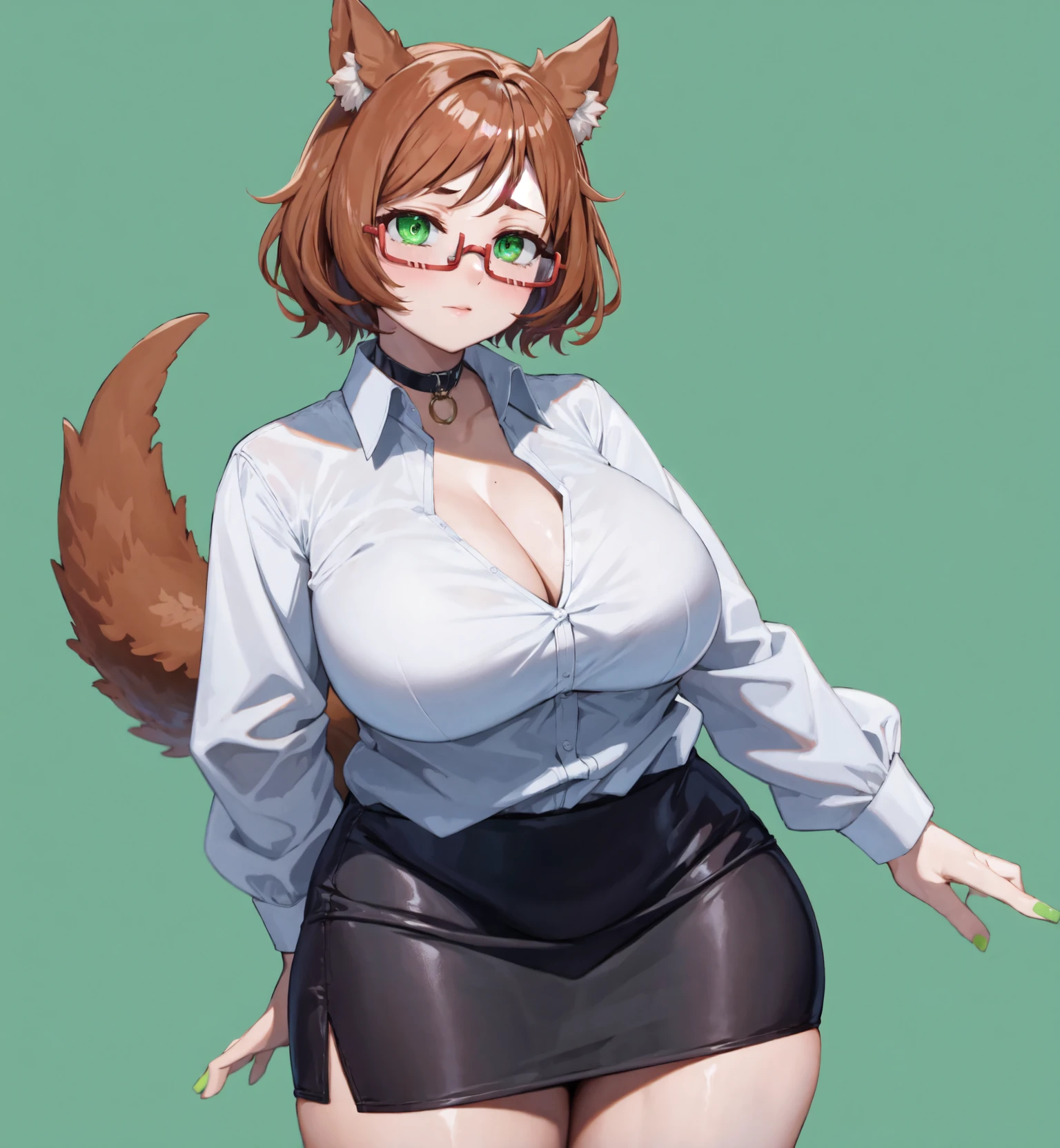 <lora:mintcastella_v3-000020:1> (mint-castella:1.3)
(absurdres, absurd resolution, highres, high resolution, best quality, masterpiece:1.1)
(solo, 1girl)
cowboy shot, standing
simple background
animal ears, brown hair, dog collar, dog ears, dog girl, dog tail, green eyes, white pupils
red-framed eyewear, glasses, semi-rimless eyewear
green nails
(office lady), white shirt, collared shirt, pencil skirt
plump, large breasts, cleavage, thick thighs, skindentation