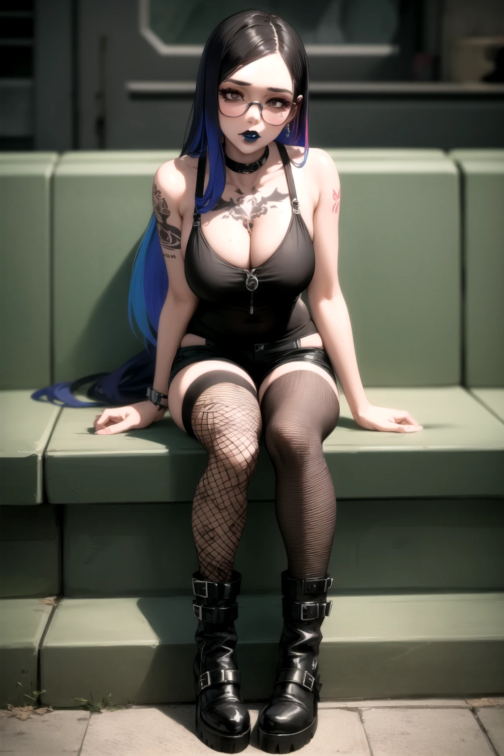 <lora:punk_v0.2:1>
punk, 1girl, solo, long hair, breasts, black hair, thighhighs, cleavage, brown eyes, sitting, full body, multicolored hair, cyan hair, boots, shorts, choker, tattoo, makeup, fishnets, eyeshadow, guitar, arm tattoo, shoulder tattoo, black lips, lip piercing, eyebrow piercing, perspective,, masterpiece, best quality, highly detailed