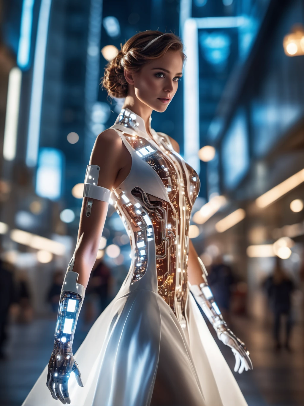 photographic, realistic, realism, cinematic photo,
(wearing wedding_dress_style made of circuits, wearing_computer_dress, wearing_circuit_dress, futuristic city:1.3), blurry, depth_of_field, blurry_background, blurry_foreground, sexy ErikaBellaQuiron woman, 1girl, gloves, white_gloves, motion_blur, photo_\(medium\), solo,,
35mm photograph, film, bokeh, award-winning, professional, highly detailed, 4k, highly detailed