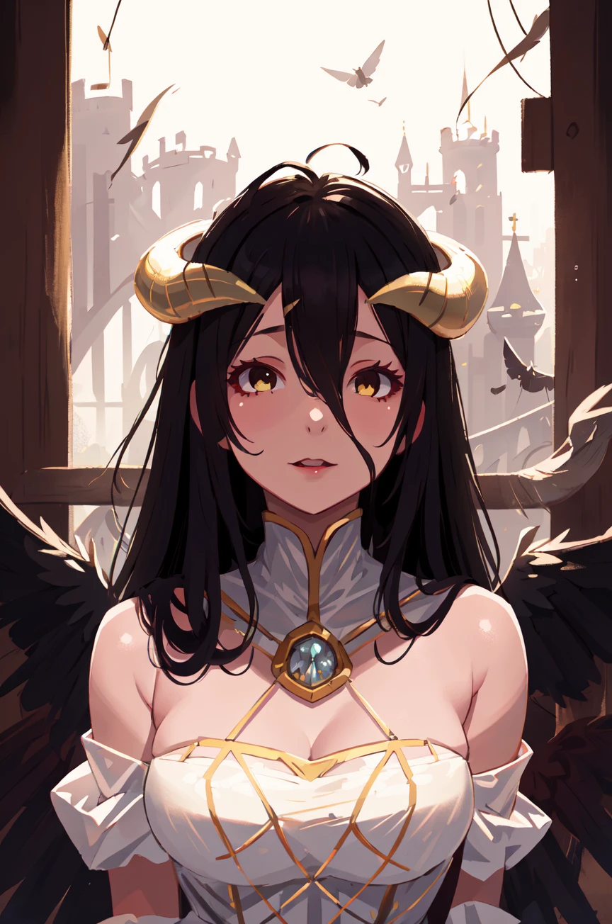 highres, sharp focus, pixiv masterpiece, ((intricate details)), highly detailed, 1girl, black wings, white dress with gold, white horns, albedo_overlord, black hair, (low wings,:1.1), upper body, castle on background <lora:Albedo_Overlord_v_1_2:0.85>, <lora:COOLKIDS_MERGE_V2.5:0.95>