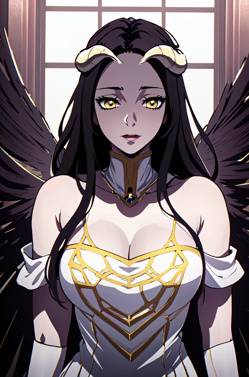 highres, sharp focus, pixiv masterpiece, ((intricate details)), highly detailed, 1girl, black wings, white dress with gold, white horns, albedo_overlord, black hair, (low wings,:1.1), upper body, castle on background <lora:Albedo_Overlord_v_1_2:0.85>, <lora:kimetsu_no_yaiba_style_offset:0.95> kimetsu no yaiba style