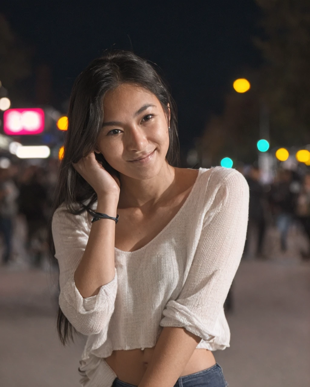 A well lit candid photograph of a normal, yet beautiful woman posing for the camera