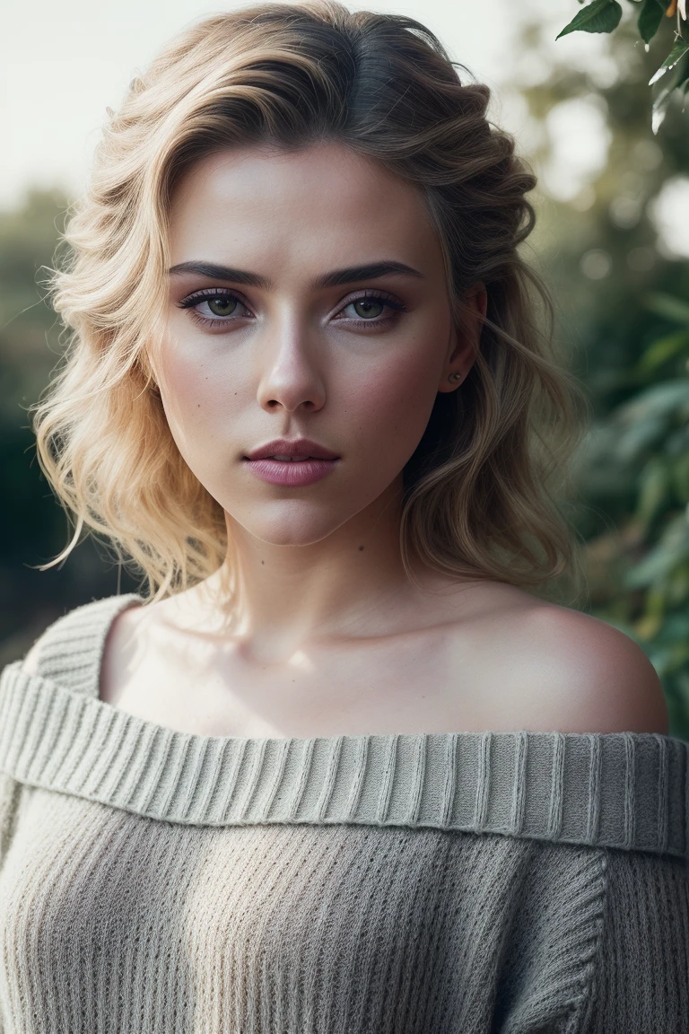 beautiful woman (scj0_jg:.99), beautiful hair, ((portrait)), (closeup:1.2), ((from the waist up)), (( fantastic scenery, garden[::1] :1.2)) , natural skin texture, ((elegant sweater off-shoulder with a strap:1.2)), ((painted lips)), 24mm, 4k textures, soft cinematic light, adobe lightroom, photolab, hdr, intricate, elegant, highly detailed, sharp focus, ((((cinematic look)))), soothing tones, insane details, intricate details, hyperdetailed, low contrast, soft cinematic light, exposure blend, hdr, faded, now, ("I've got a bad feeling about this.":1.1)