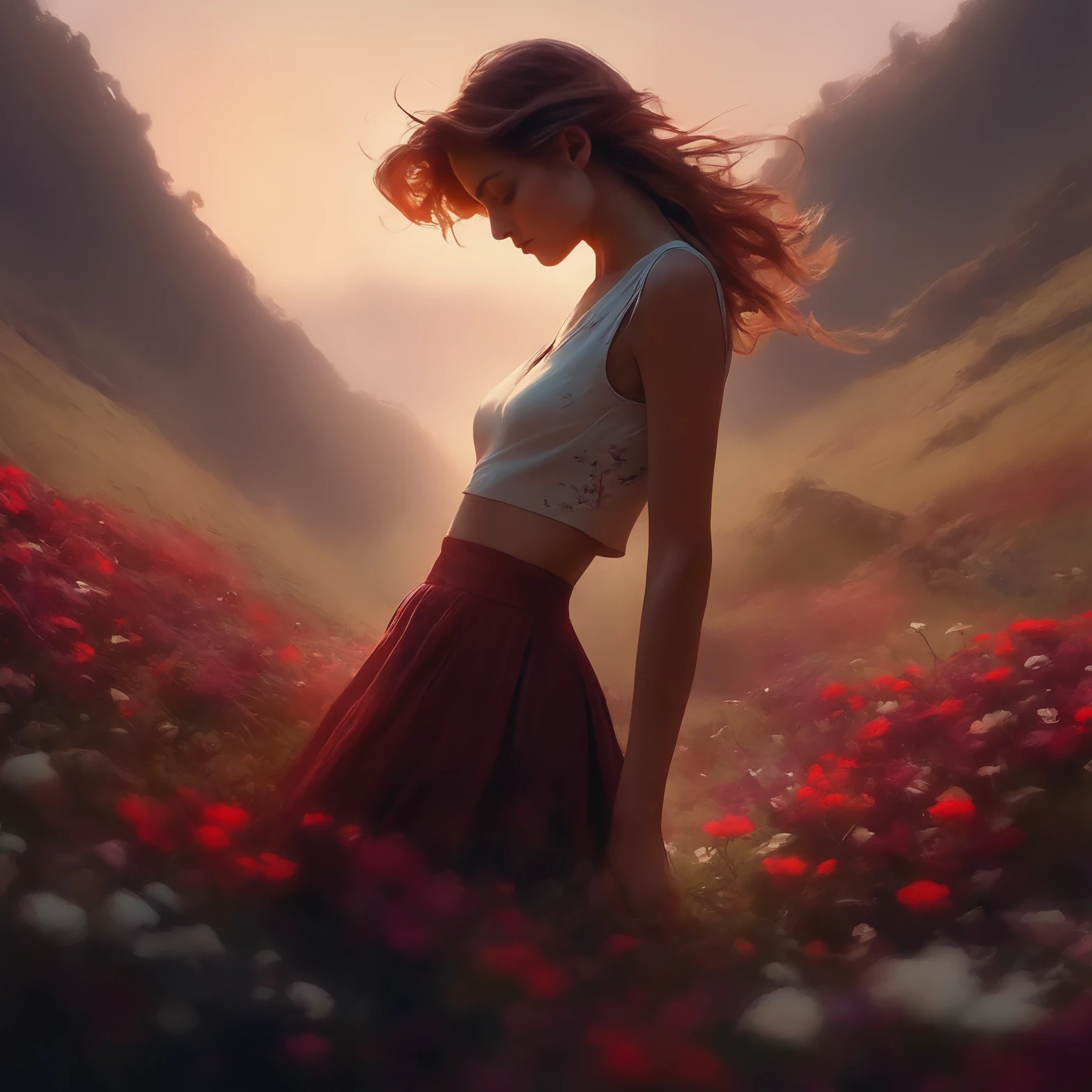 a historic young beautiful character, wearing a crop top with short skirt, looking at viewer, maroon cream black vintage, sunset, soft body, flowing hair, wild flowers, the start of spring, Shadow play, top view, light, mist, moody, glossy brown hair, earthy, vivid, red, purple, blue, cinematic, Film light, Hyper detailed, Hyper realistic, masterpiece, atmospheric, High resolution, Vibrant, High contrast, dark angle, art by Koos Roos, 8k, HDR, 500px