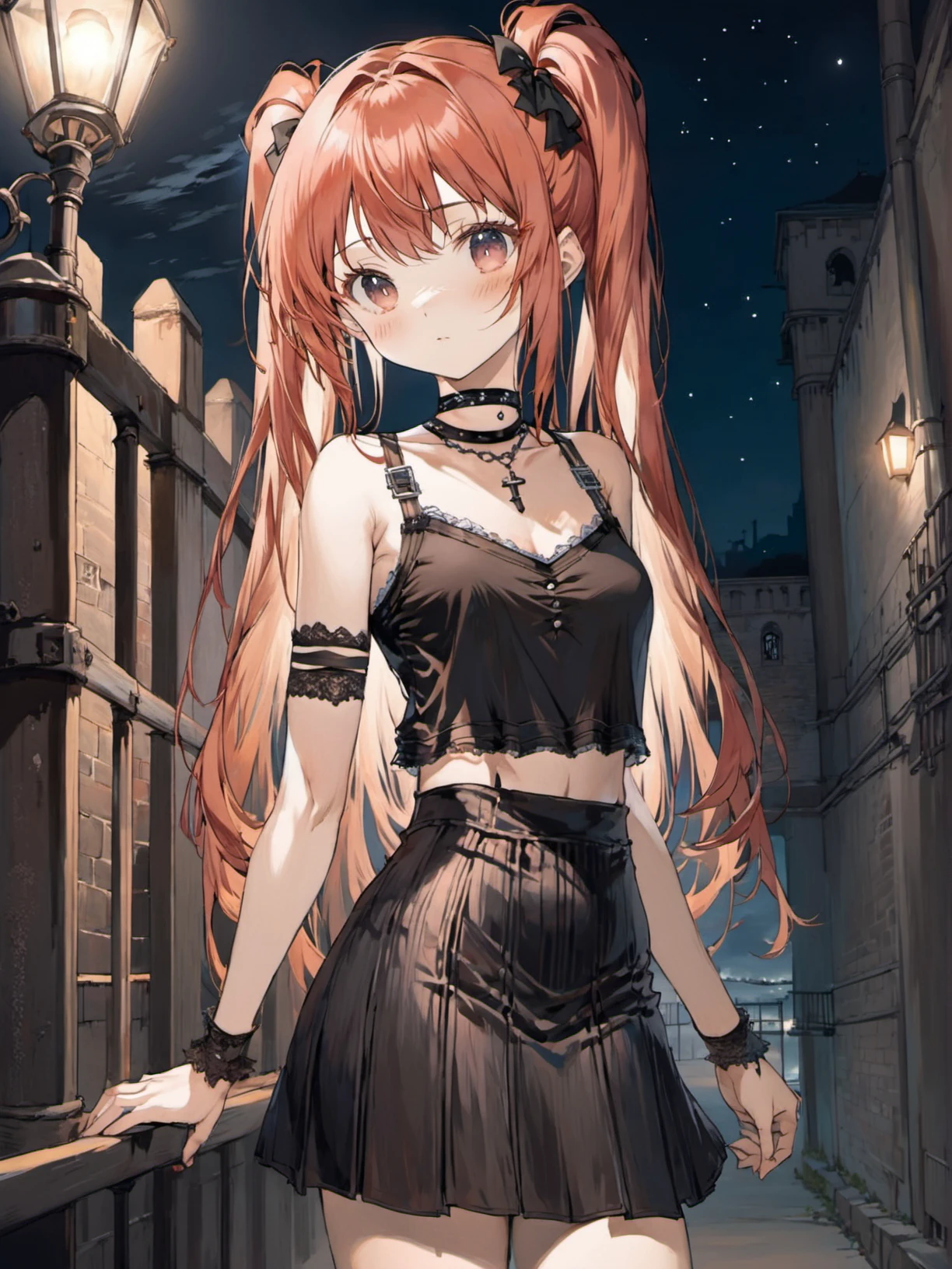 1girl, peach hair, medium hair, wavy hair, short twintails hair, blunt bangs bangs, tank top skirt choker , victorian prison nighttime,