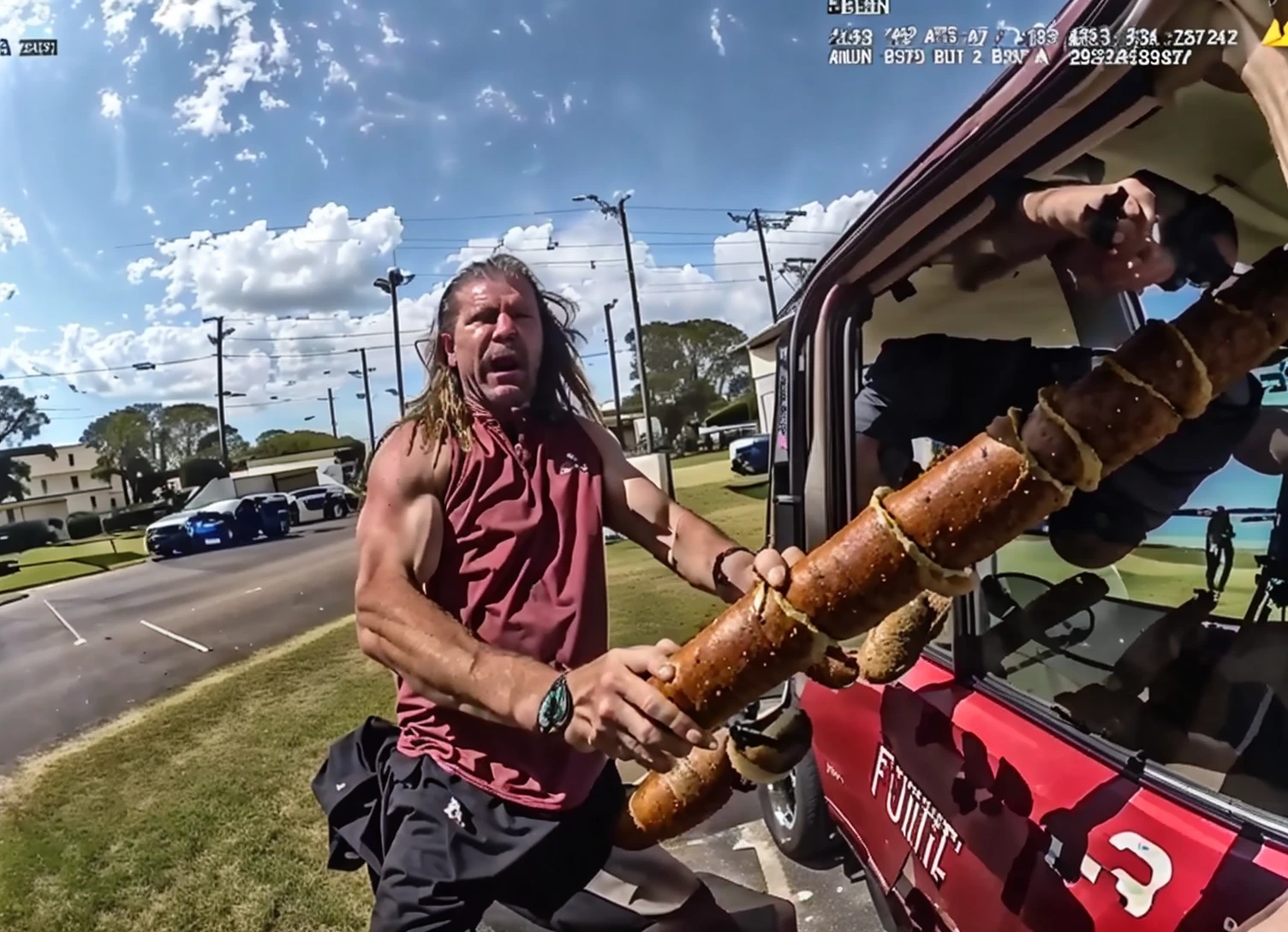 <lora:PoliceBodycamFootage:1> epic action bodycam footage of (redneck mullet Florida Man swinging a baguette) attacking police