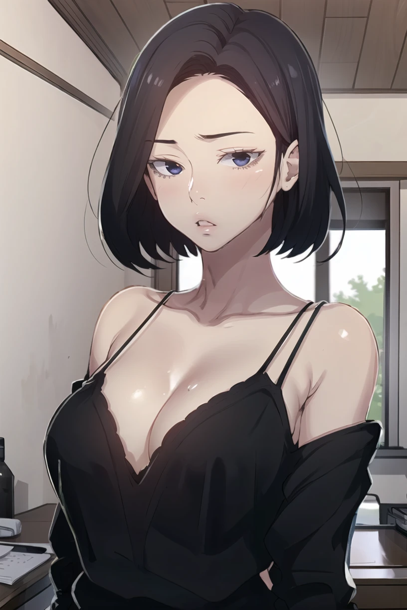 <lora:SooAh:0.9> sooahdef, black hair, blue eyes, short hair
breasts, white hood, hood, solo, upper body, indoors, 1girl, underwear, collarbone, off shoulder, cleavage, bra, parted lips, hoodie, large breasts, looking at viewer, black bra
masterpiece, best quality