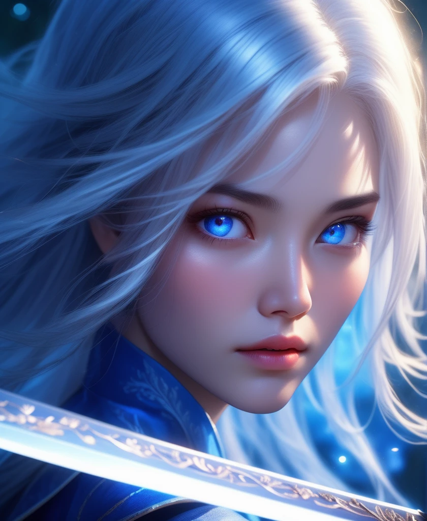 (masterpiece,best quality:1.5), , asian woman with white hair, straight hair, blue clothes, holding a sword, in the style of dark azure and light azure, mixes realistic and fantastical elements, vibrant manga, uhd image, glassy translucence, vibrant illustrations, ultra realistic, long hair, straight hair, portrait, mysterious forest, firefly, bokeh, mysterious, night, sky, cloud, eyes detail, beautiful eyes, light in eyes