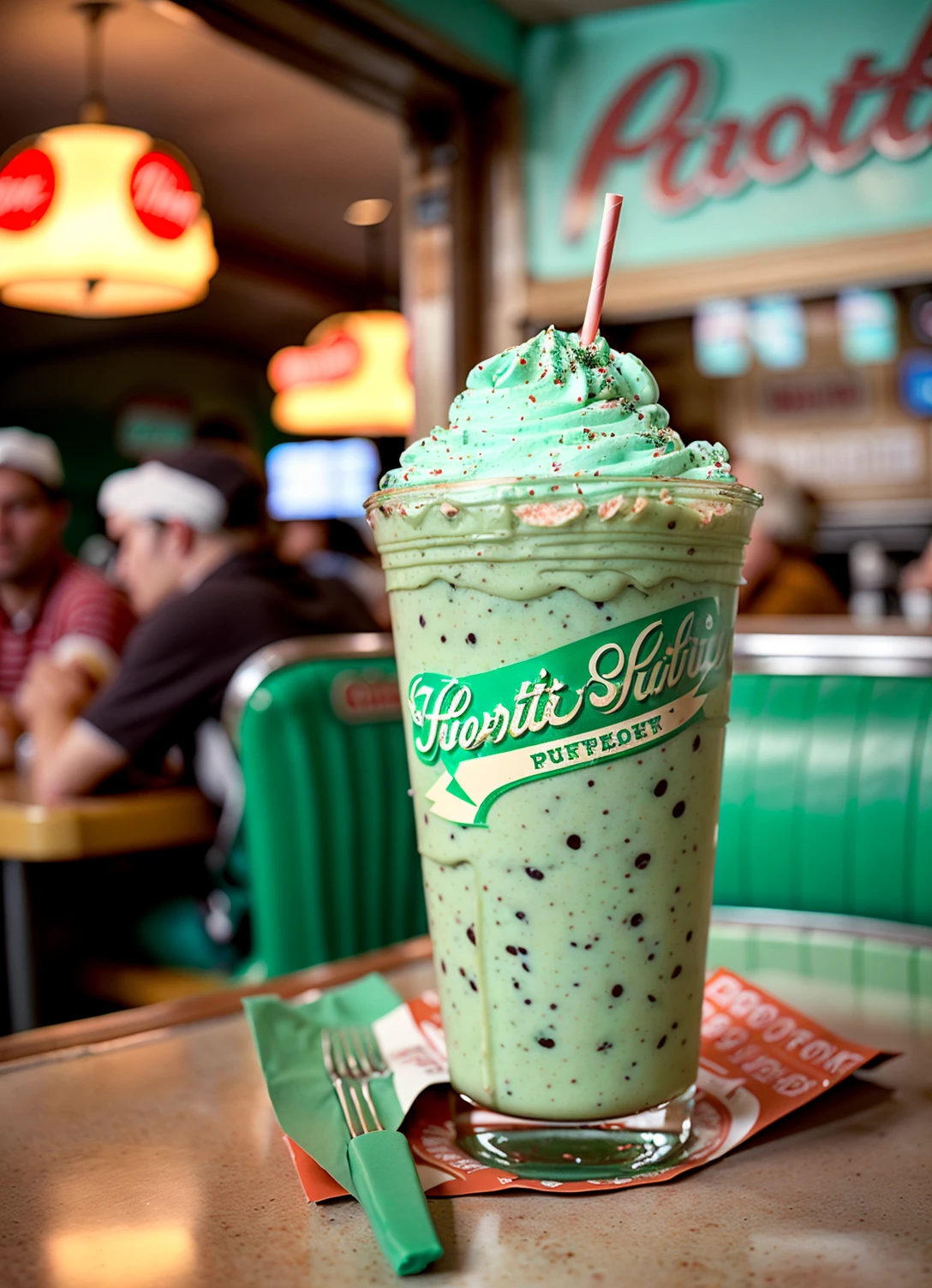 POV closeup (photo:1.2) of an old-fashioned style chocolate mint chip milkshake, syrup, (busy cozy retro diner interior, people in background), paper coaster. "ahaha it tastes like toothepaste" go eat a mentos you fucking cretin this one's for all my fellow mint enjoyers put it right here brothers