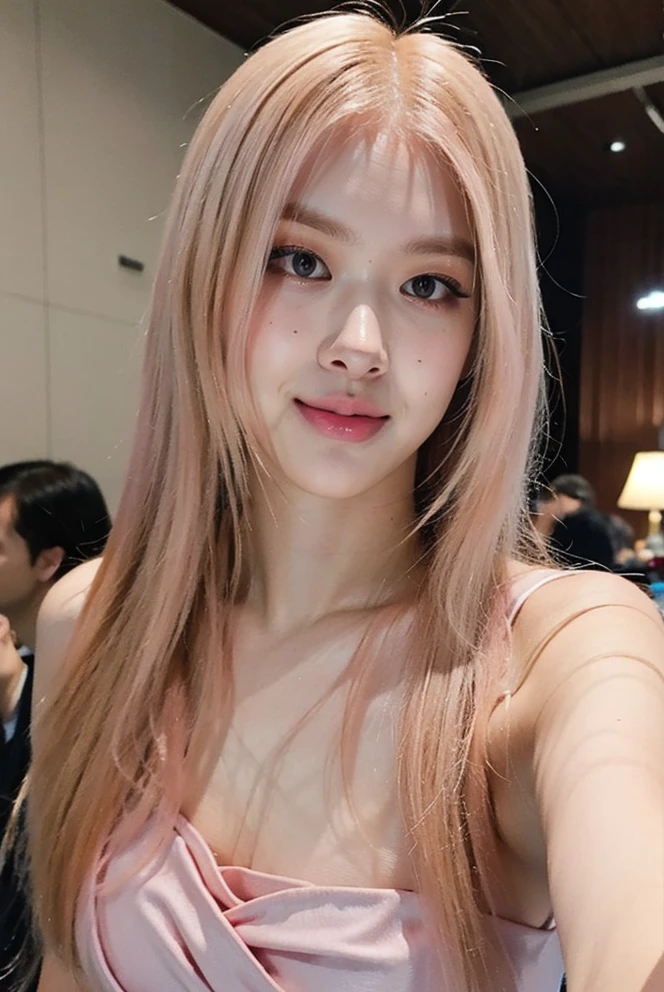 1girl,(masterpiece:1.2), (best quality:1.2), (extremely detailed), selfie from center front, (extremely detailed face), ultra-detailed eyes and pupils, (ultra detailed), 8k, photorealistic, pretty face, smile, instagram shot, instagram style, in the bedroom, looking at viewer, facing front, perfect skin, cinematic lighting, fair skin, blonde hair, short hair, black eyes, upper body, portrait photo, no makeup, nikon RAW photo, 8k ,Fujifilm XT3, photorealistic, detailed face, fair skin, perfect shape, slim face, indoors, dim lighting, (((light pink Silk Dress))), (looking at viewer:1.2), <lora:roselorashy:1>
