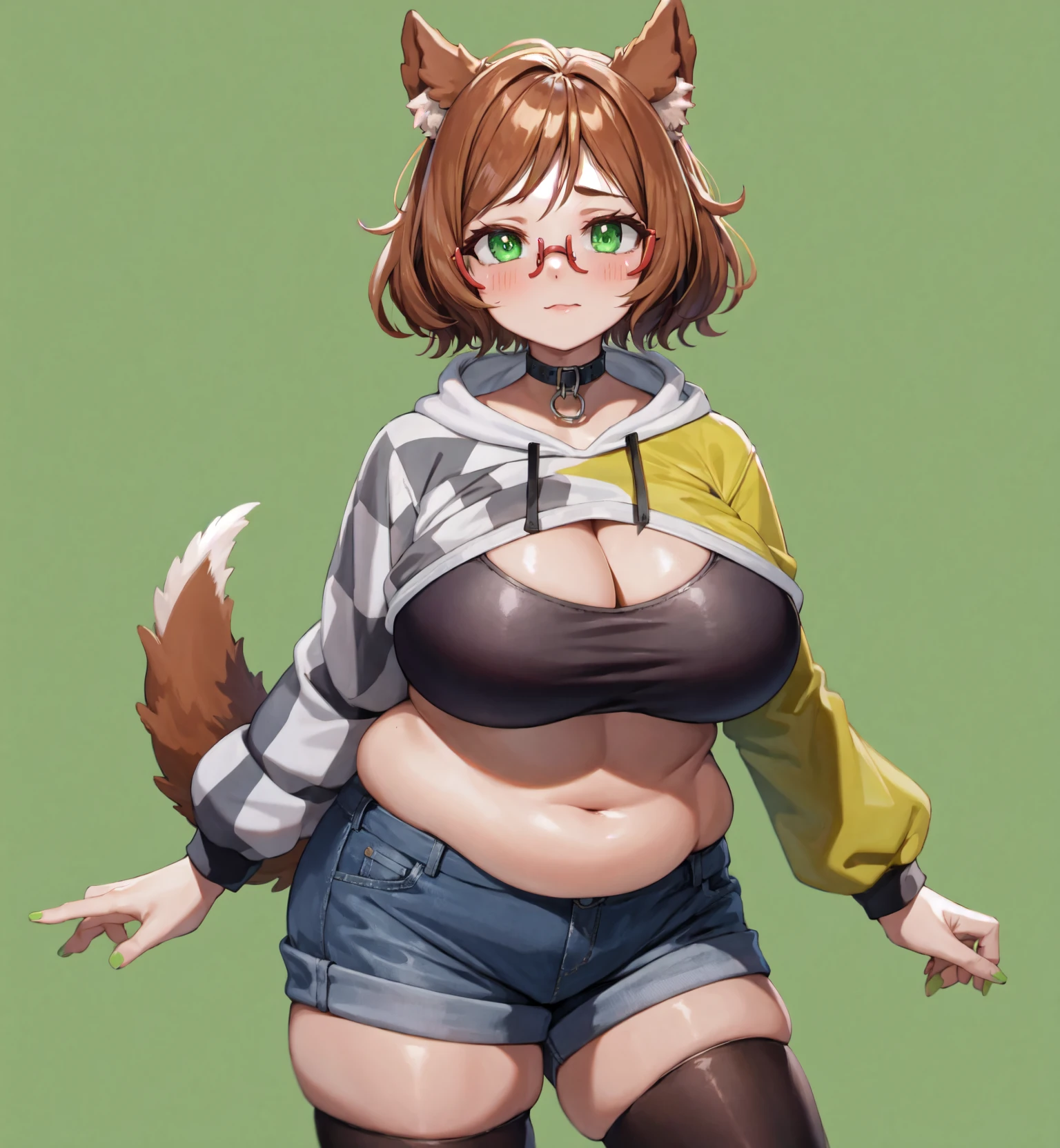 <lora:mintcastella_v3-000020:1> (mint-castella:1.3)
(absurdres, absurd resolution, highres, high resolution, best quality, masterpiece:1.1)
(solo, 1girl)
cowboy shot, standing
simple background
animal ears, brown hair, dog collar, dog ears, dog girl, dog tail, green eyes, white pupils
red-framed eyewear, glasses, semi-rimless eyewear
green nails
cropped hoodie, asymmetrical clothes, checkered sleeves, black thighhighs, denim shorts, sports bra
plump, large breasts, cleavage, thick thighs, skindentation