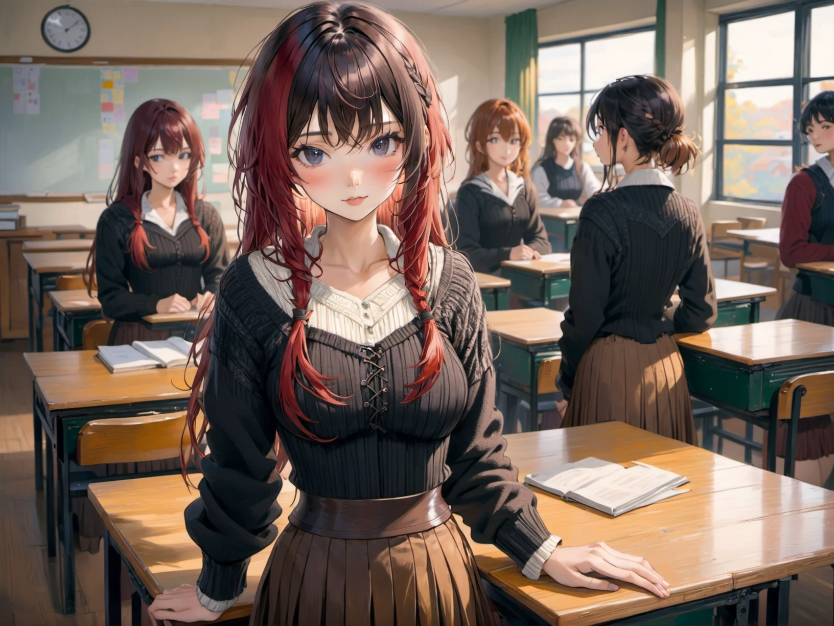 young women, streaked hair, medium hair, asymmetrical bangs bangs, open-chest sweater pleated skirt corset , modern classroom evening,