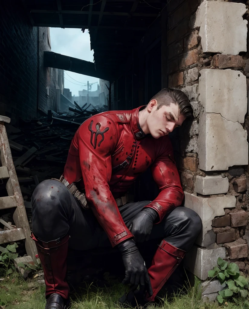 A blood-spattered soldier sits slumped against a ruined building wall, staring numbly ahead, illustrated using bold black outlines like those seen in Mike Mignola's Hellboy comics