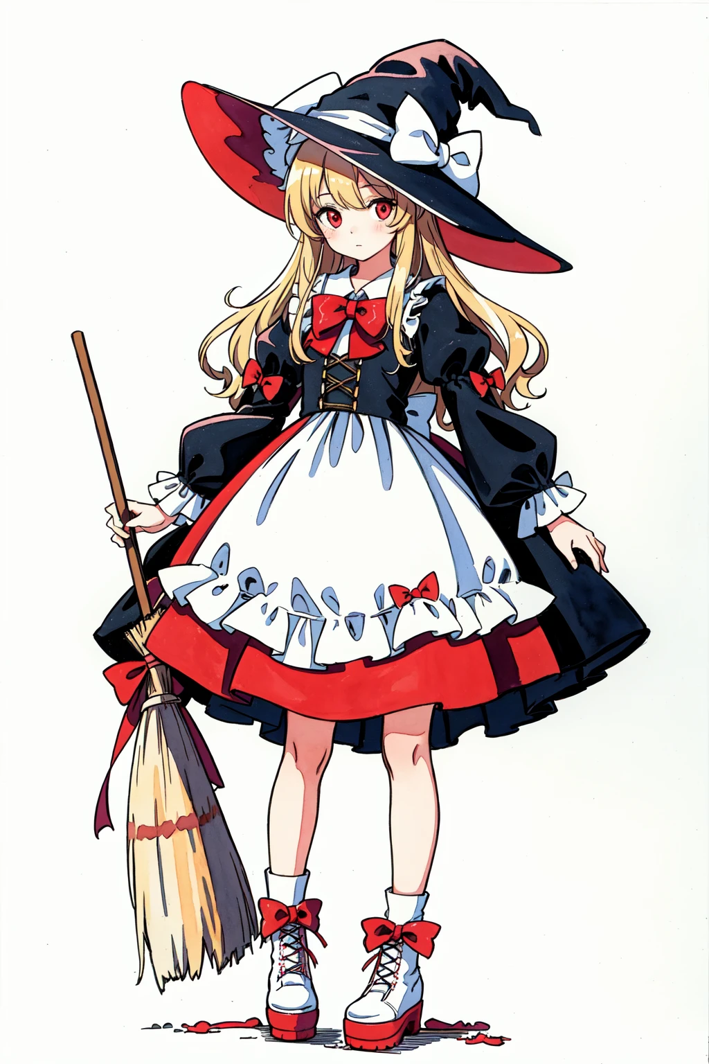 best quality,masterpiece,traditional media, marker_\(medium\),painting_\(medium\),
watercolor_\(medium\), simple_background, 1girl,witch,solo, full body,long hair, blonde hair, witch hat,red eyes,
holding broom,puffy sleeves,white_bow,dress,red_footwear,bow, short sleeves,boots,