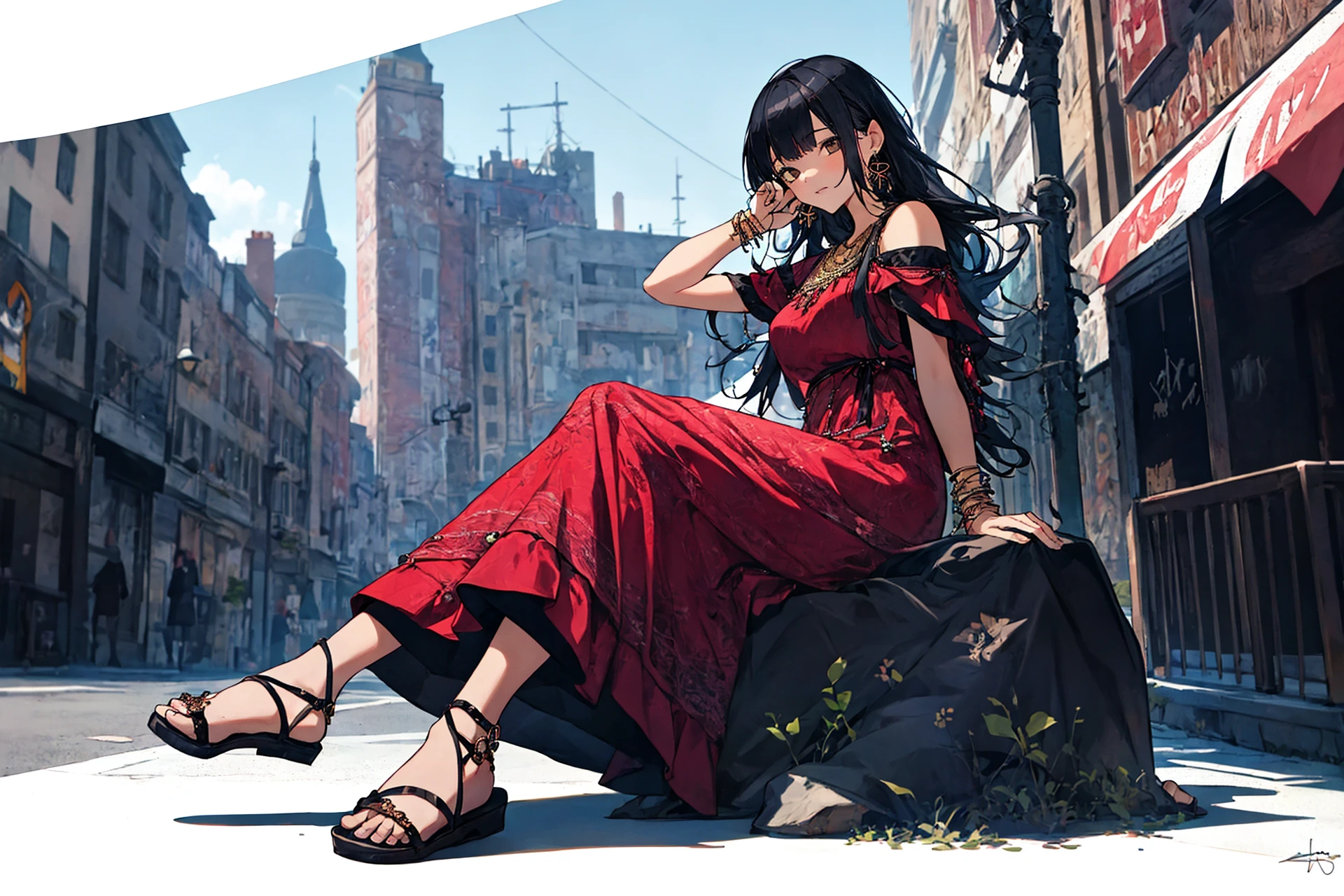absurdres, highres, ultra detailed, (1girl:1.3),
BREAK
, bohemian style, flowy dresses, wide-leg pants, fringe accessories, earthy tones, sandals, layered jewelry