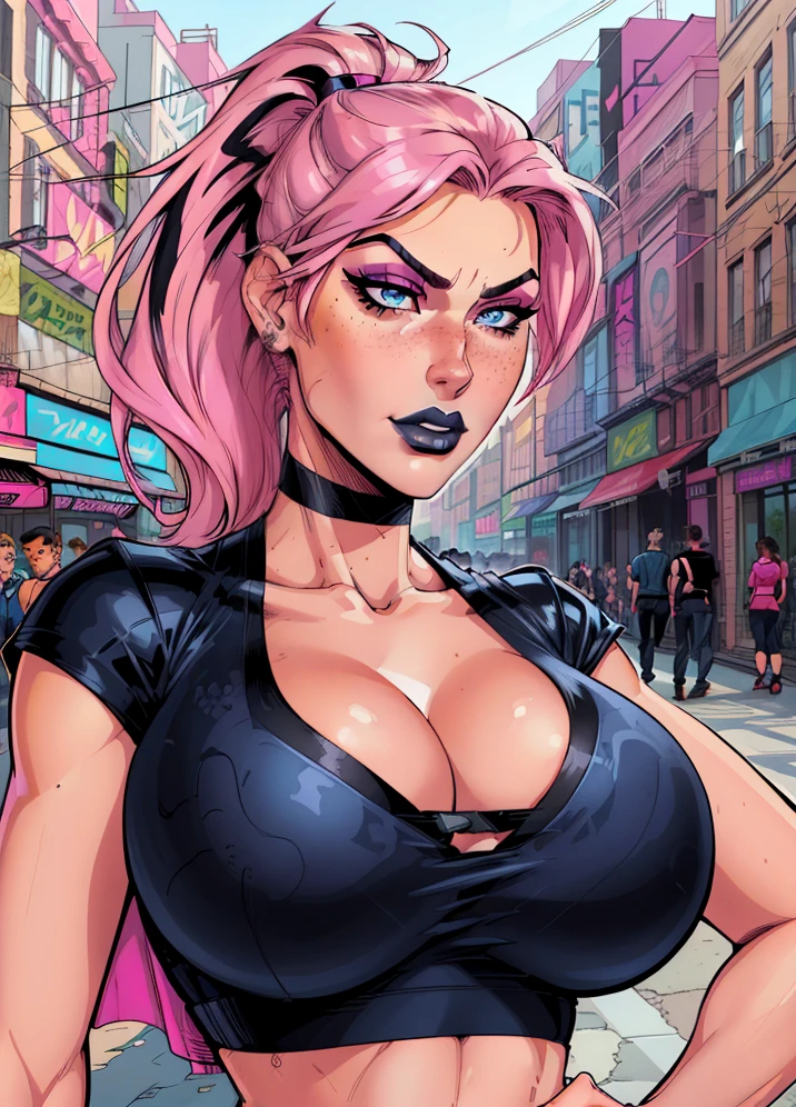 Close up of an adult supermodel woman face, at a busy cluttered (crowded city street) background, detailed background, daytime, pale blue eyes, detailed short burnt pink hair with ponytail, shaved sides haircut, freckles, blushing, (smouldering pouting expression), single eyebrow raised, eye shadow, black lipstick, pierced eyebrow, (cleavage, big breasts, fake tits), wearing a (loose (graphic tshirt) crop top), detailed cloth folds, looking to the side, comic book style, flat colors, intricate comic book outline linework, sexy angular superheroine face, <lora:hugefaketits1-000006:0.2>
