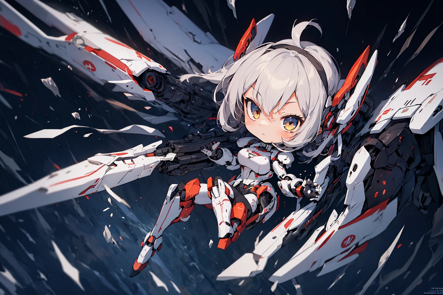 absurdres, highres, ultra detailed, (girl:1.3), cute, mecha, chibi, battlefield, battle, huge foot
