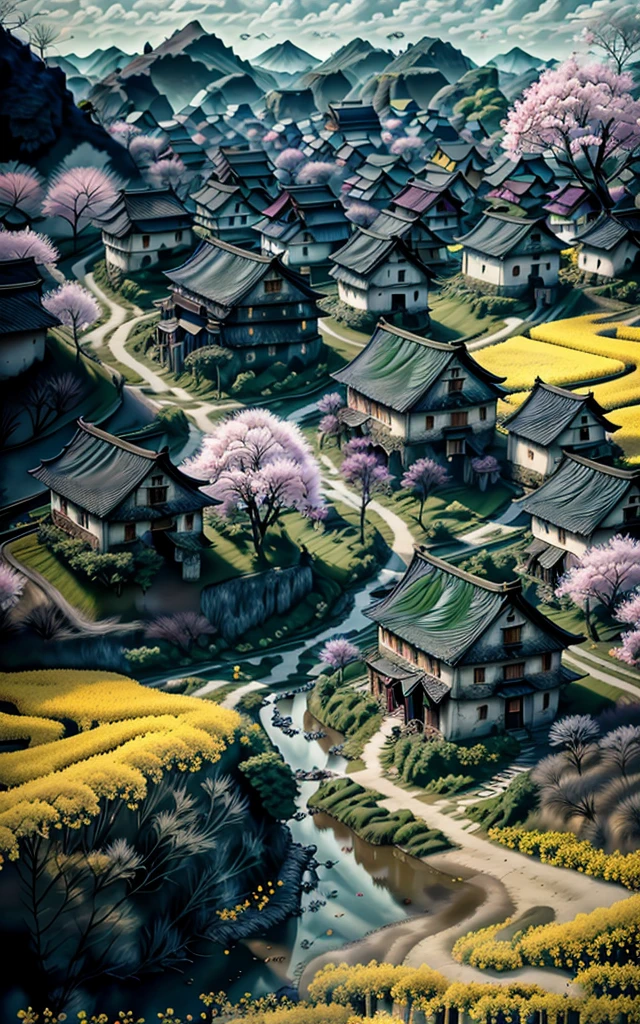 (best quality,ultra-detailed,realistic,RAW photo,8k uhd,ultra high res,photorealistic style,cinematic scenes, masterpiece,dramatic lighting,extremely detailed CG unity wallpaper) ,empty scene,a village among the rape flower fields in spring, <lora:CSAL_Jiangnan_v13_150:1>