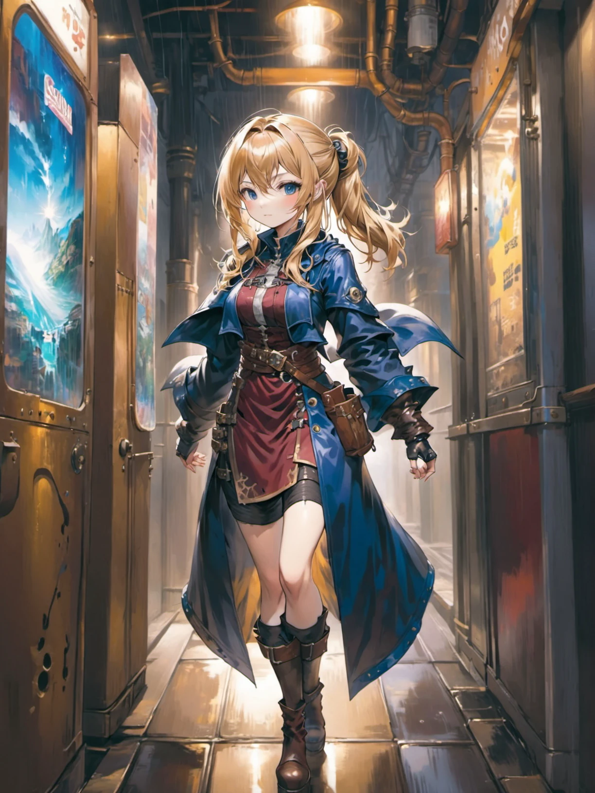 1girl, blond hair, medium hair, straight hair, half updo hair,  bangs,  steampunk raincoat waist apron ,  gaming corridor midnight,