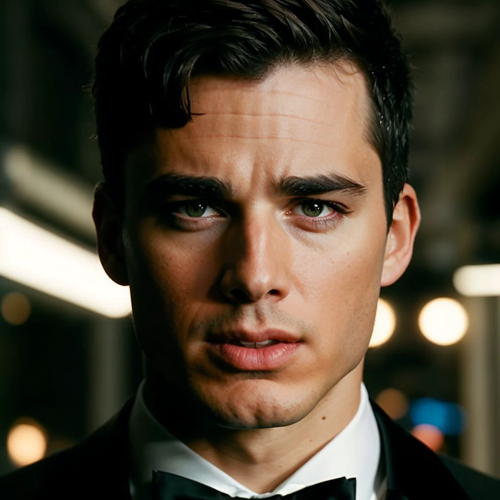 face portrait of pietroboselli person using a tuxedo, in blade runner, professional photography, high resolution, 4k, detailed photo,  <lora:pietroboselli_37785:1>