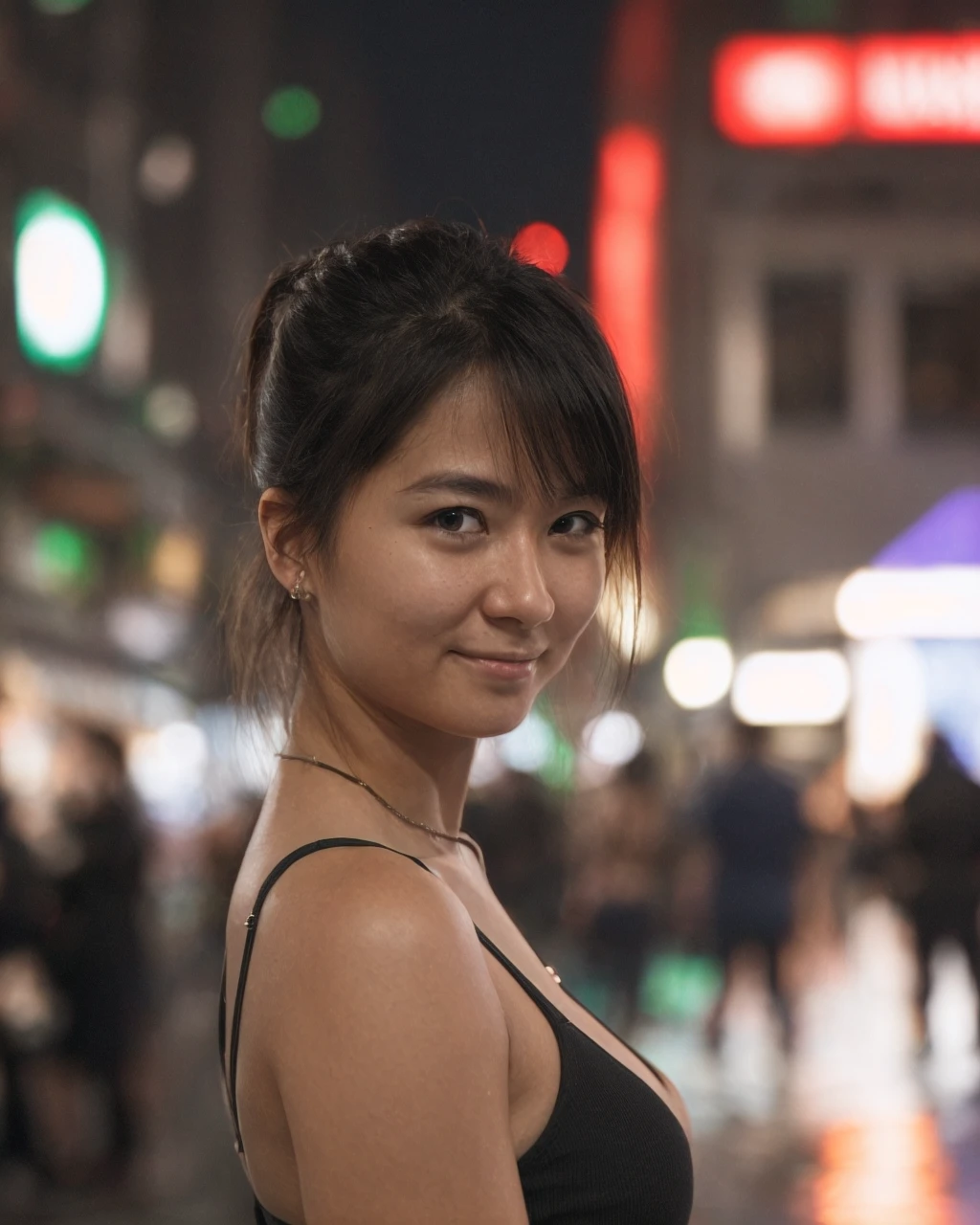 A well lit candid closeup street photograph of a normal, yet beautiful woman posing in the club