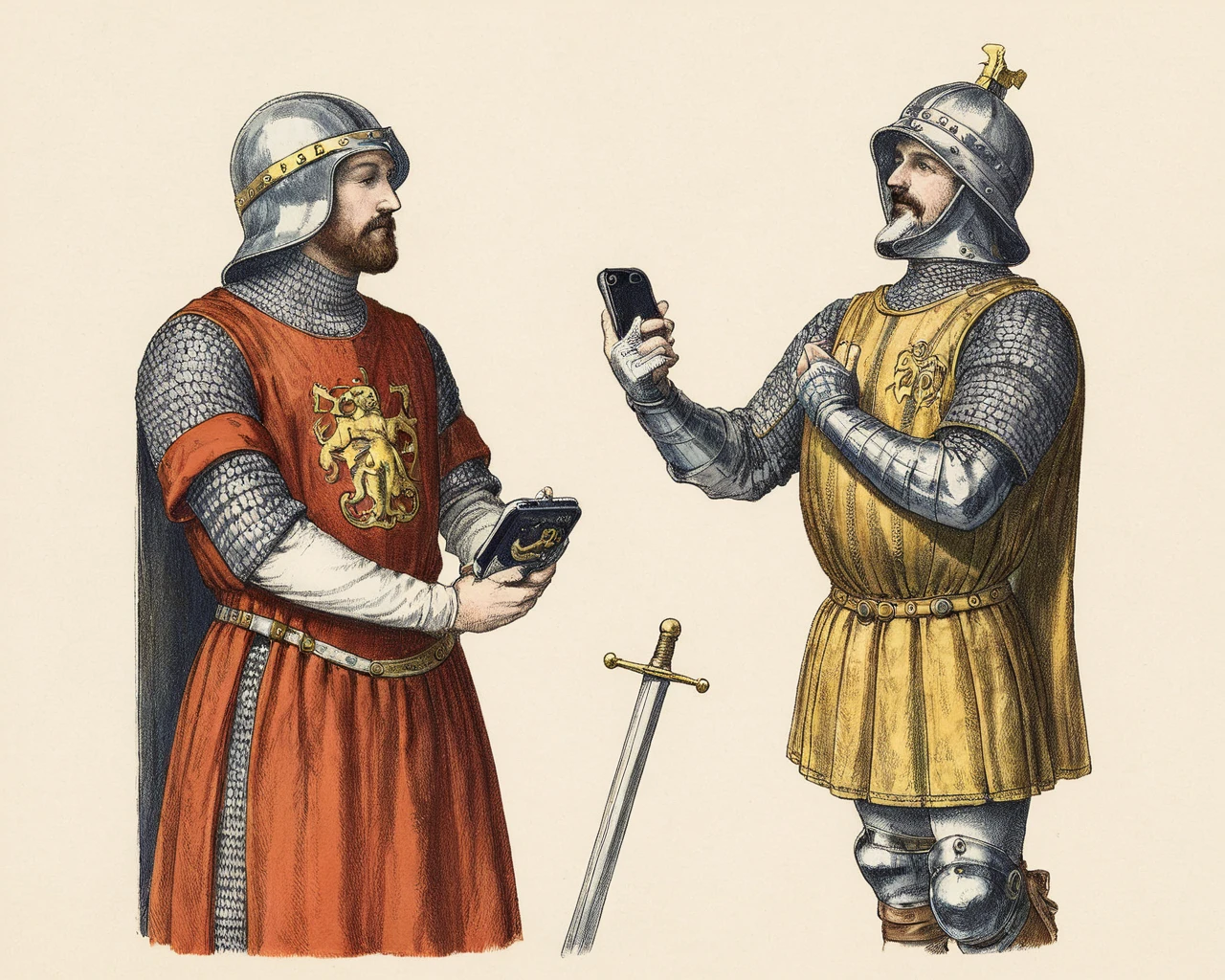vintageillustration, a medieval knight using his brand new smartphone, 1200BC, smartphone is the main subject, 8k, very detailed, UHD, extreme details, medieval, apple logo, smartphone
