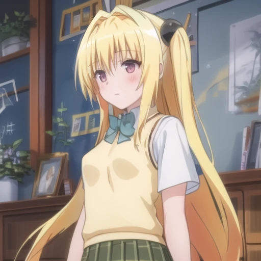 (masterpiece, best quality:1.2),illustration,8k,hd,cowboy shot,1girl,solo,long_hair,upper body,(portrait:1.2),breasts,blonde_hair,shirt,red_eyes,bow,school_uniform,white_shirt,short_sleeves,bowtie,hair_intakes,sweater_vest,yellow_vest,skirt,very_long_hair,pleated_skirt,shoes,socks,kneehighs,thigh_strap,plaid_skirt,green_skirt,hair_ornament,<lora:Eve-V1:0.8>,