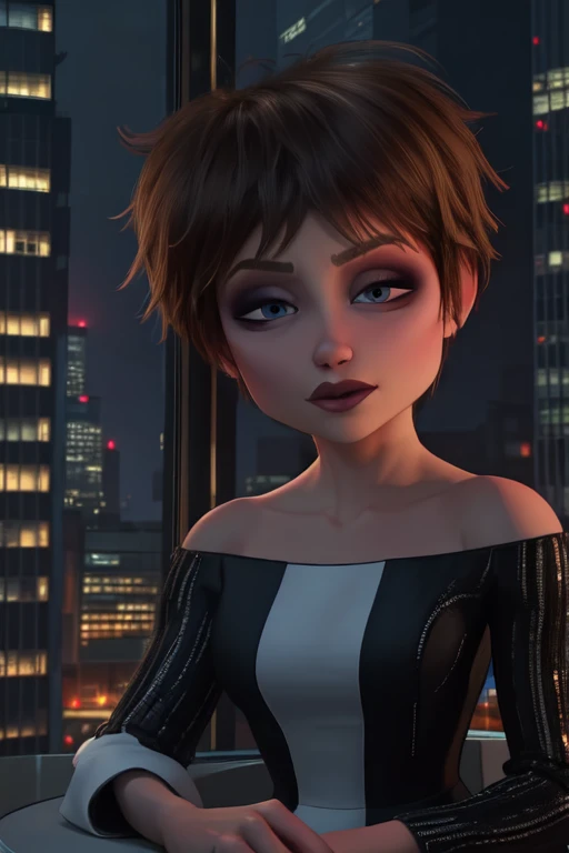 Evelyn,short brown hair,makeup,eyes half open,upper body,looking at viewer, black dress with white line, long sleeves, collarbone, dress skirt,
in tall building,skyscraper,window,stars,nighttime,
(insanely detailed, beautiful detailed face, masterpiece, best quality) cinematic lighting,
<lora:Evelyn-10v4:0.8>,