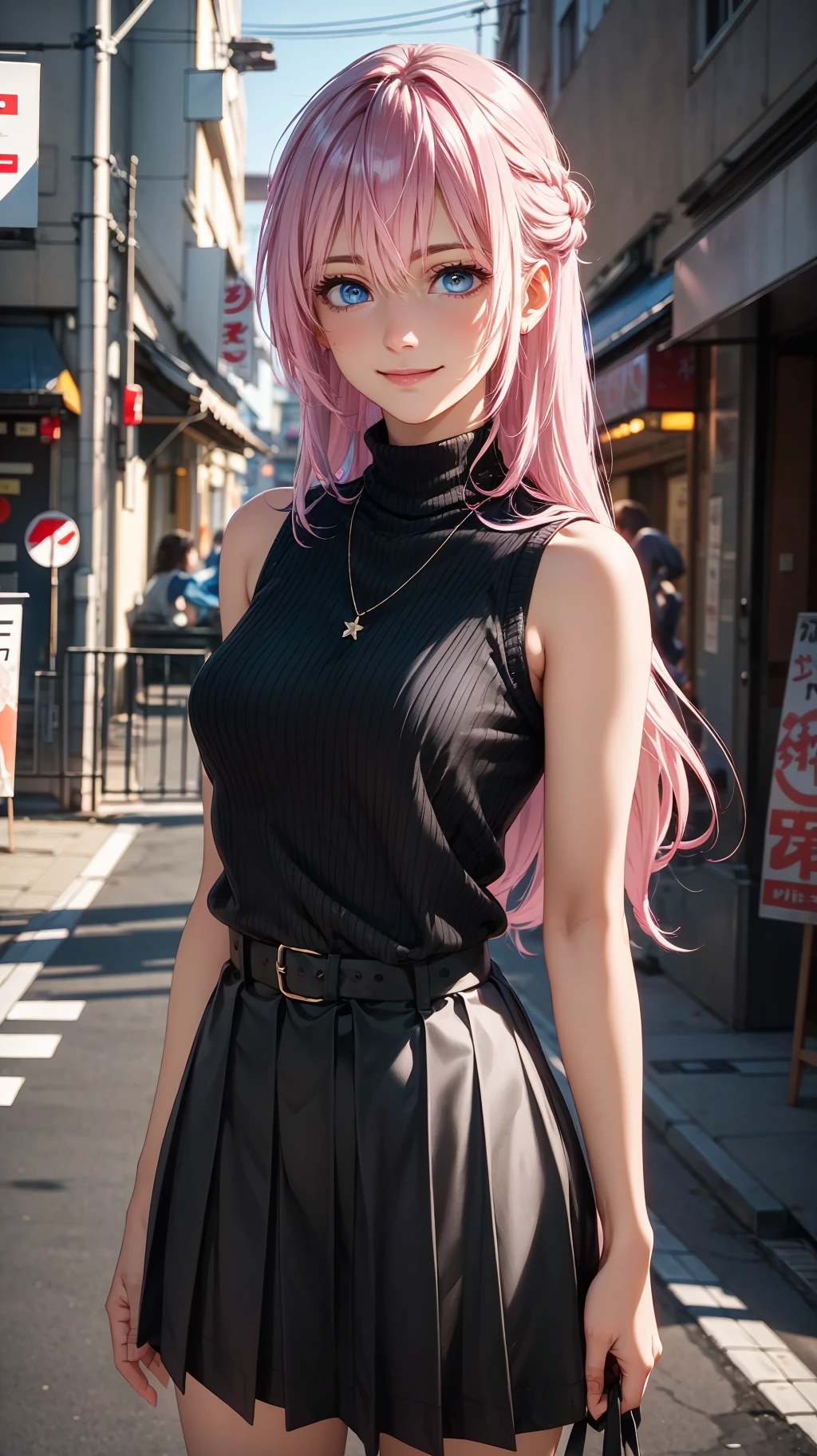 (best quality:1.1), (masterpiece:1.2), high quality shadow, beautiful detailed, (high detailed skin, skin details), (wide landscape, 8k), beautiful face, detailed eyes, depth of field, dramatic light, best quality, highres, best shadow, best illumination, shikimorisan, 1girl, pink hair, long hair, blue eyes, hair between eyes, bangs, breasts, smile, sweater, turtleneck sweater, sleeveless, necklace, skirt, pleated skirt, black skirt, black belt, outdoors, tokyo, street, <lora:shikimorisanv3:0.7>