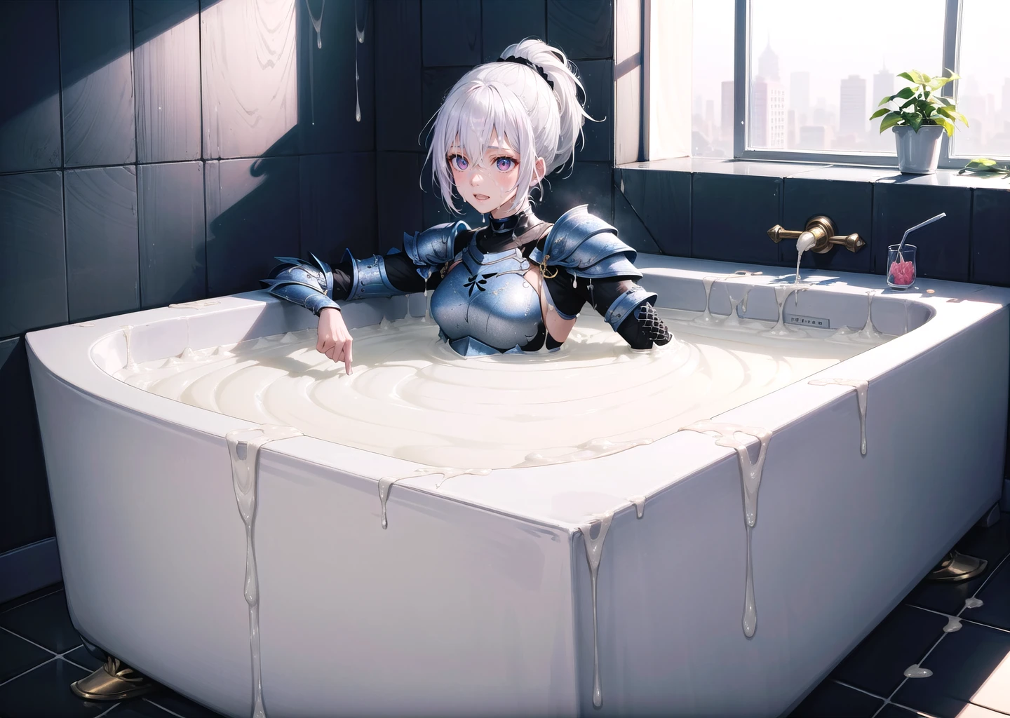 (1girl, white hair very short hair split ponytail, hexagon eyes, , scared) (digital) (, in detailed poolside, (cum, bathtub, armor)) , best quality, <lora:boldline:0.2> <lora:hairdetailer:0.2> cumbath, <lora:cumbath:1>