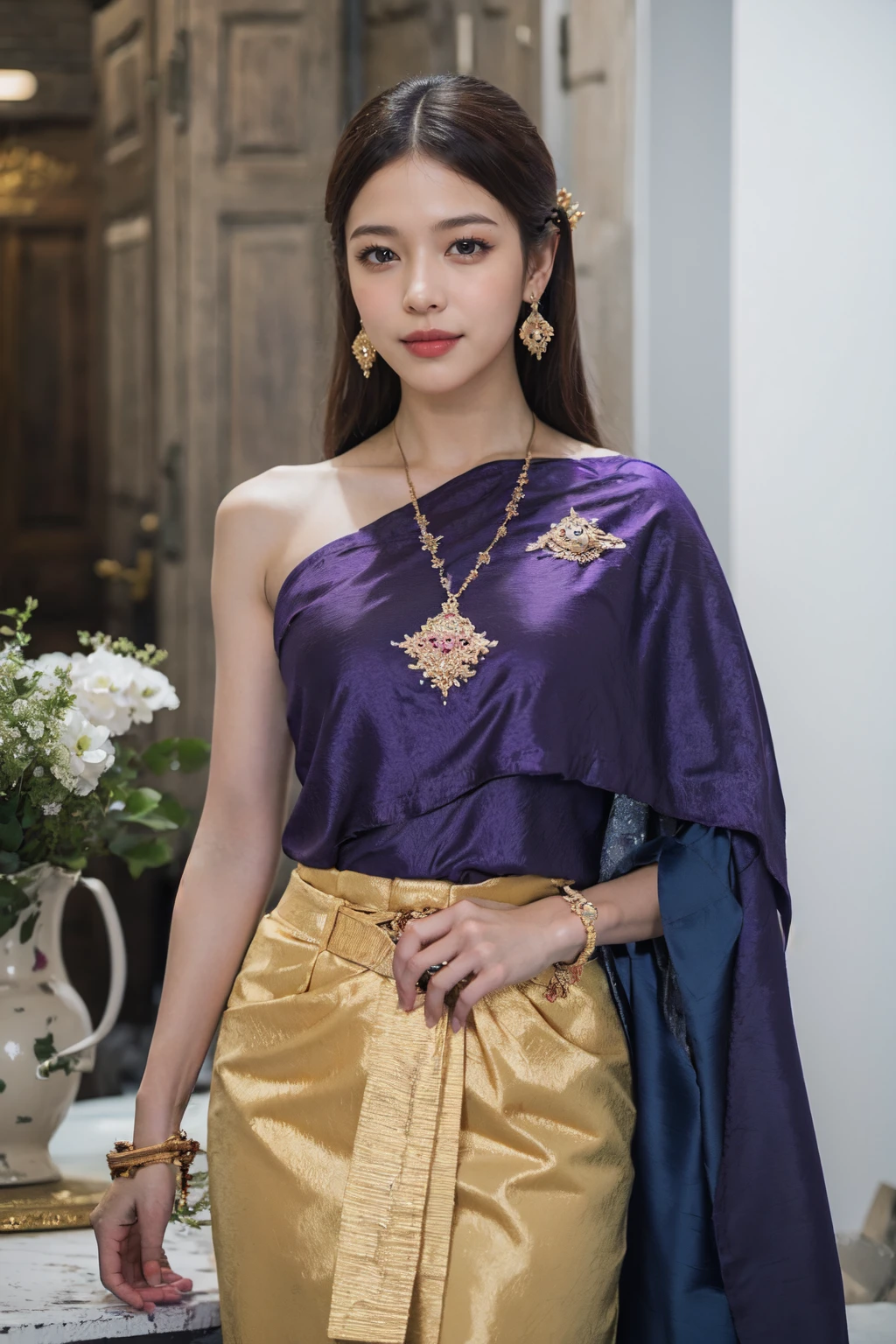 (realistic:1.4),(masterpiece:1.2), (best quality:1.2),looking at viewer,dramatic angle,dramatic pose,(cowboy shot:1.2),
1girl,(purple sabai:1.4),(jewelry),showing right shoulder
, <lora:sabai6:1>