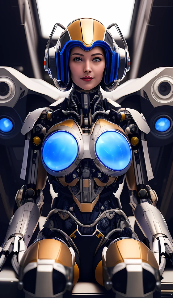 a woman sitting in a chair with a computer on it's back and a keyboard on her lap, Eve Ryder, laurie greasley, cyberpunk art, space art,
mecha pilot girl, smile, 1girl, mecha, cockpit, inside robot
slim body, body suit,
high-tech theme, small hip,
high detail, realistic, photo quality, high quality, (photorealistic:1.4), science fiction