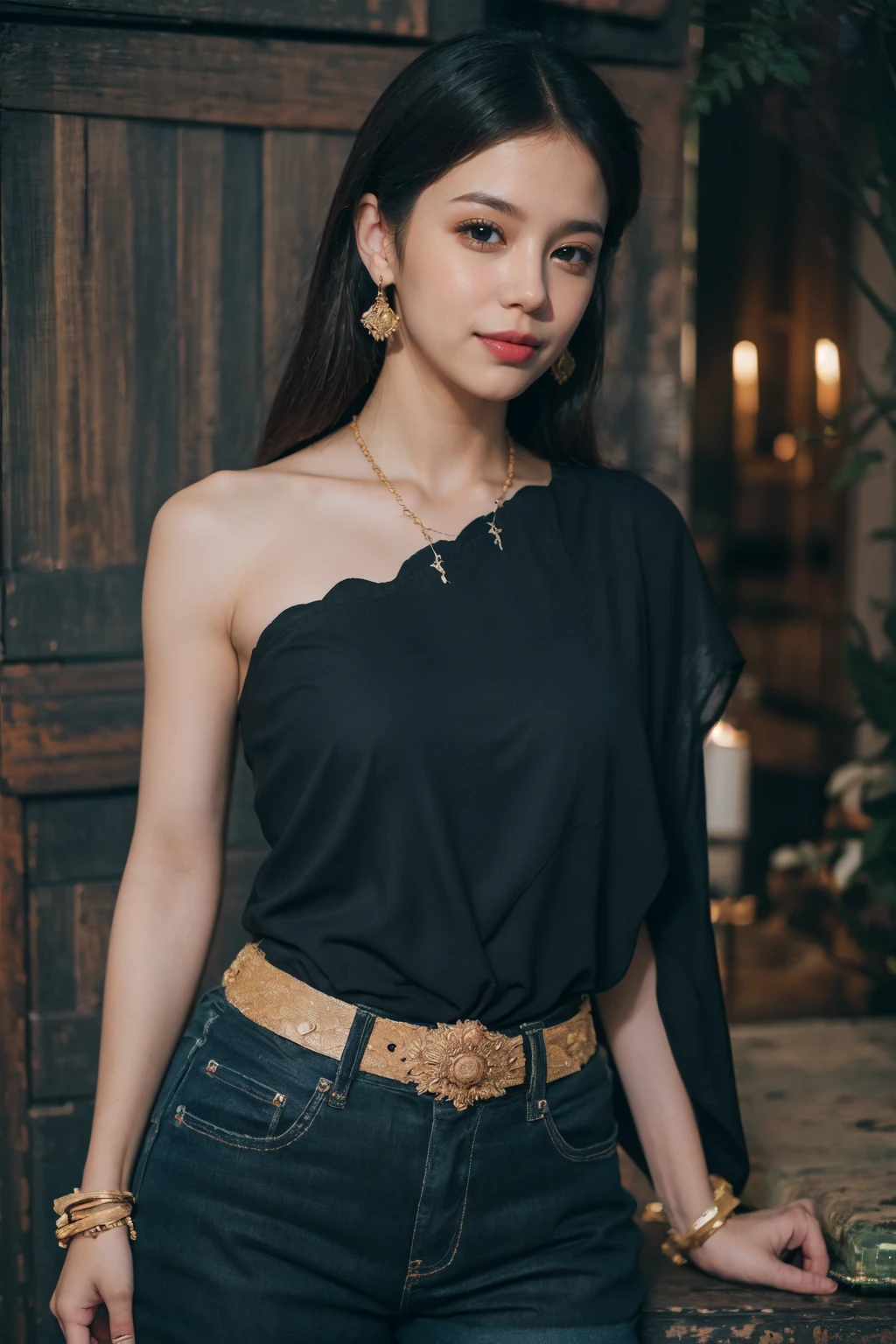 (realistic:1.4),(masterpiece:1.2), (best quality:1.2),looking at viewer,dramatic angle,dramatic pose,(cowboy shot:1.2),
1girl,(sabai),black dress,(jewelry),showing right shoulder,shorts
, <lora:sabai6:1>