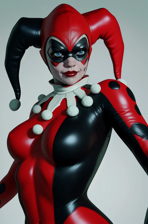 Harley, blue eyes, standing, upper body,
QJester, red and black bodysuit ,domino mask ,jester cap, skin tight, white neck ruffle,
carnival, solo,
(insanely detailed, beautiful detailed face, masterpiece, best quality),
<lora:HarleyQuinn:0.7>