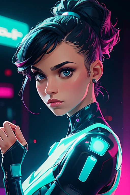 portrait of 1girl solo, Taper Fade with Textured Top and, High-waisted briefs, headshot, face focus, Posing with one hand on the chin, looking contemplative.,
Futuristic Cyber City with Neon Holograms,
masterpiece, immaculate, highly detailed, detailed,