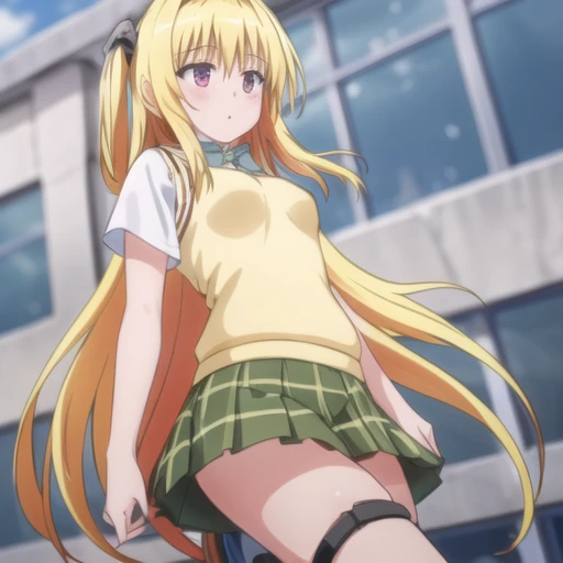 (masterpiece, best quality:1.2),illustration,8k,hd,cowboy shot,1girl,solo,long_hair,breasts,blonde_hair,shirt,red_eyes,bow,school_uniform,white_shirt,short_sleeves,bowtie,hair_intakes,sweater_vest,yellow_vest,skirt,very_long_hair,pleated_skirt,shoes,socks,kneehighs,thigh_strap,plaid_skirt,green_skirt,hair_ornament, <lora:Eve-V1:0.8>