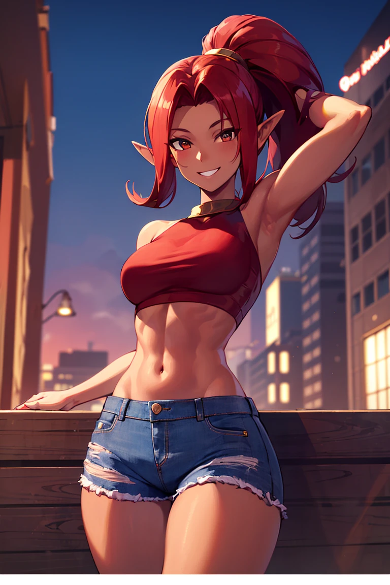 ((masterpiece,best quality)), absurdres, <lora:Din_Zelda:0.7>, Din_Zelda, solo, dark skin, red hair, (red croptop), demin jeans, smiling, looking at viewer, cowboy shot, modern city, cinematic composition, dynamic pose