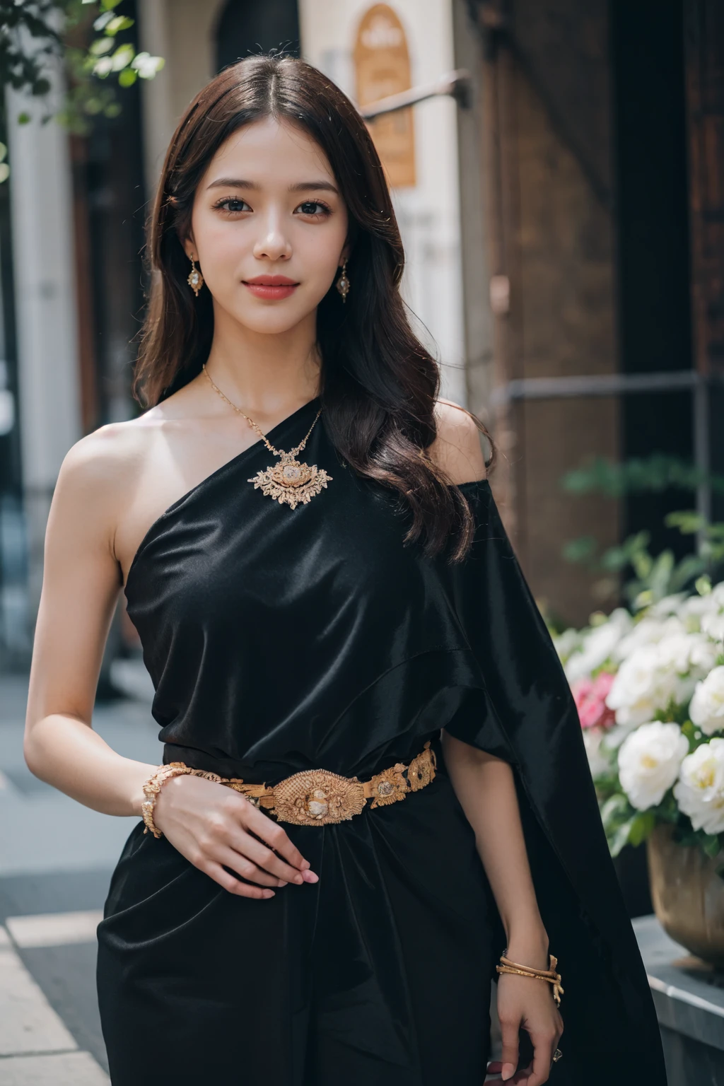 (realistic:1.4),(masterpiece:1.2), (best quality:1.2),looking at viewer,dramatic angle,dramatic pose,(cowboy shot:1.2),
1girl,(black sabai),black dress,(jewelry),showing right shoulder
, <lora:sabai6:1>