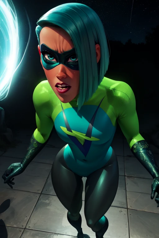 Voyd,blue hair, blue eyes ,short hair, lips, standing, nervous, buck teeth, cameltoe,
VoySui, black domino mask multicolored ,bodysuit, boots, skin tight, green sleeves,
magical blue portals, stars, solo,
(insanely detailed, beautiful detailed face, masterpiece, best quality) cinematic lighting,
<lora:Voyd-10V4:0.9>
