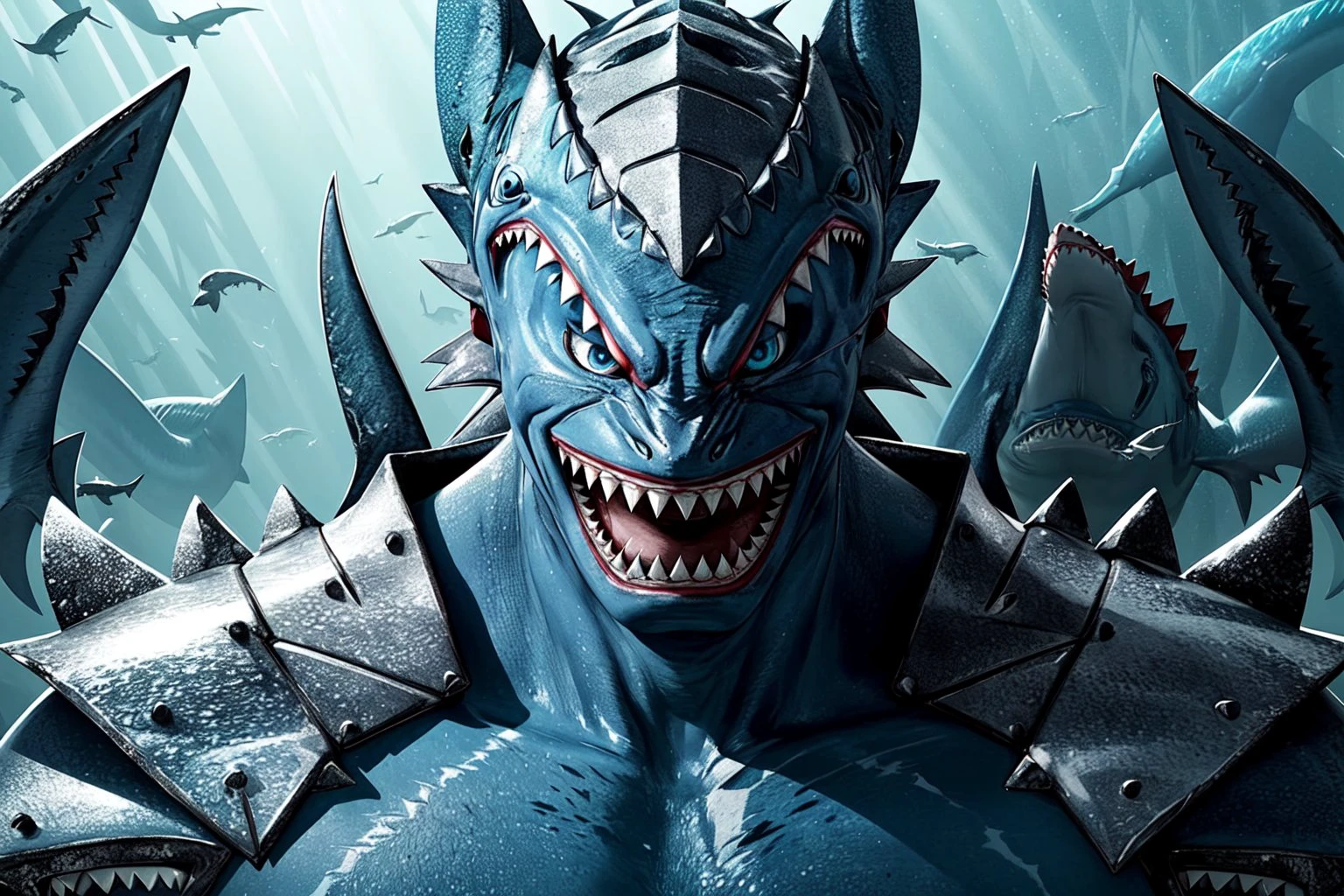 portrait, solo, upper body, looking at viewer, detailed background, detailed face, 1boy, Gnashers, humanoid shark warriors, fierce blue eyes, shark-like features with razor-sharp teeth, adorned with shark-tooth weapons and sharkskin armor, ferocious expression, predatory feeling of the image.