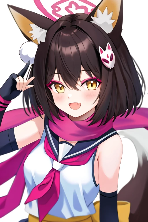 masterpiece, best quality, highres, solo, {izuna_bluearchive:1.10}, animal_ears, fox_ears, fox_girl, halo, brown_hair, animal_ear_fluff, short_hair, yellow_eyes, fox_tail, bangs, hair_ornament, tail, smile, open_mouth, blush, fang, serafuku, breasts, hair_between_eyes, medium_breasts, black_hair, 1girl, looking_at_viewer, sailor_collar, scarf, school_uniform, black_gloves, gloves, partially_fingerless_gloves, pink_scarf, :d, fox_shadow_puppet, simple_background, white_background, japanese_clothes, eyeshadow, neckerchief, skirt, sleeveless, upper_body, floral_print