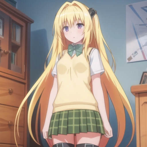 (masterpiece, best quality:1.2),illustration,8k,hd,cowboy shot,1girl,solo,long_hair,breasts,blonde_hair,shirt,red_eyes,bow,school_uniform,white_shirt,short_sleeves,bowtie,hair_intakes,sweater_vest,yellow_vest,skirt,very_long_hair,pleated_skirt,shoes,socks,kneehighs,thigh_strap,plaid_skirt,green_skirt,hair_ornament, <lora:Eve-V1:0.8>