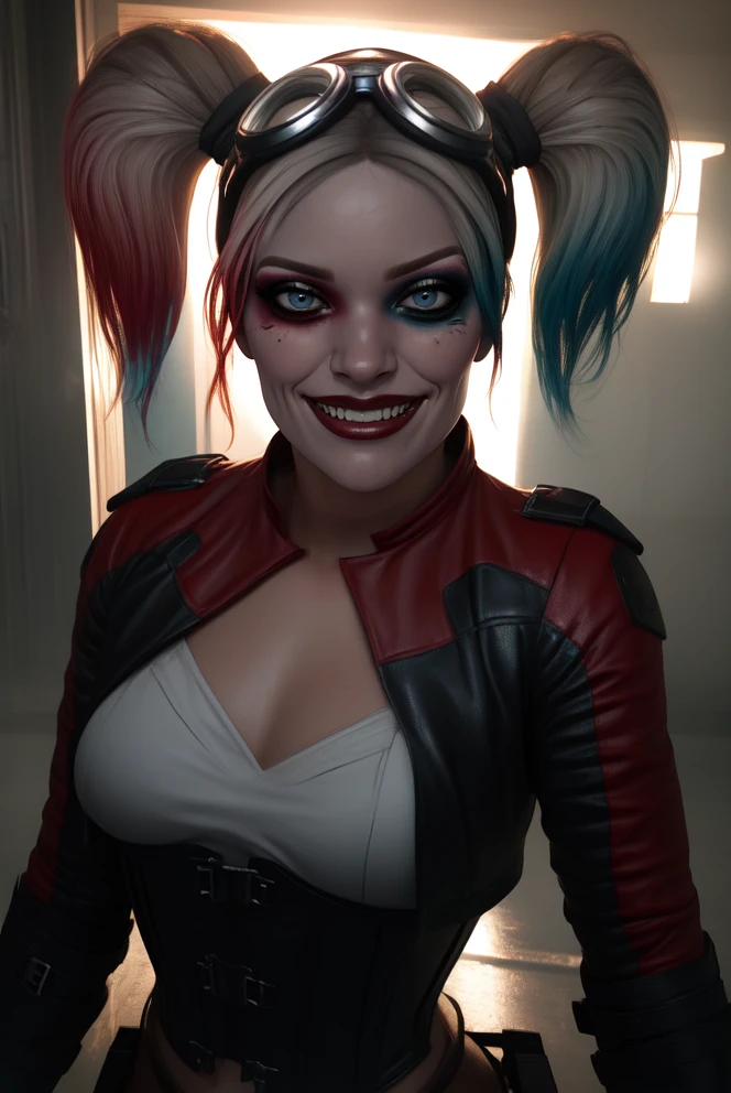 Harley, multicolored hair, makeup, twintails,, light smile, standing, upper body, close up, covered nipples, blush, leaning forward,
QJustice, goggles on head, belt, pants, black gloves, corset, holster, open cropped jacket, navel, (detailed areolas, detailed nipples, detailed breasts)
nighttime, Gotham city, cityscape,
(insanely detailed, beautiful detailed face, masterpiece, best quality),
<lora:HarleyQuinn:0.7>