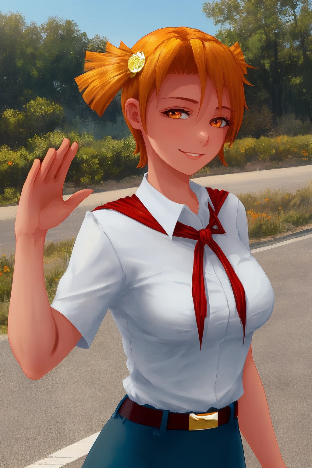 AliceDV, 1girl, solo, shirt, smile, looking at viewer, hair ornament, white shirt, orange hair, breasts, short sleeves, red neckerchief, orange eyes, closed mouth, full body, standing, short hair, (facing viewer:1.1), day, collared shirt, outdoors, medium breasts, (military salutation:1.2), salute