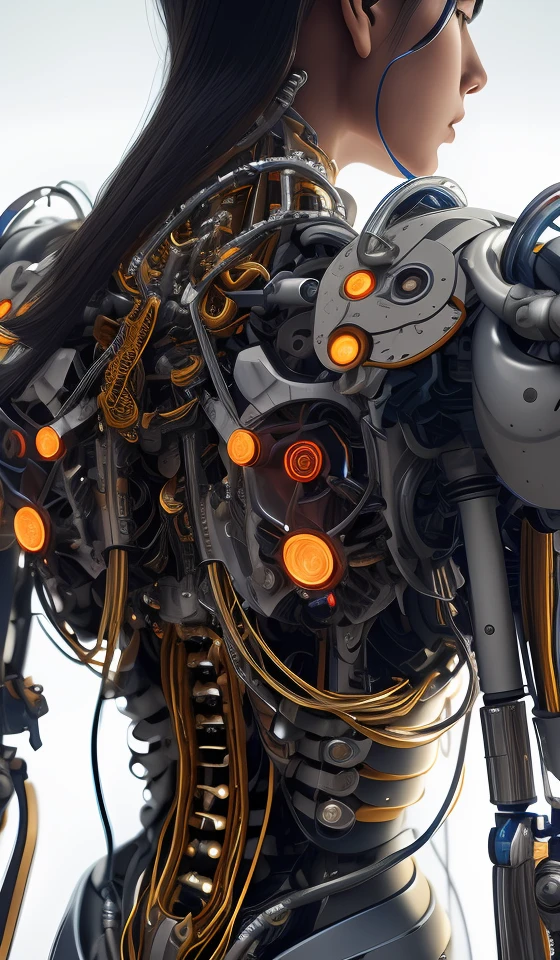1mechanical girl,((ultra realistic details)), portrait, global illumination, shadows, octane render, 8k, ultra sharp,metal,intricate, ornaments detailed, cold colors, egypician detail, highly intricate details, realistic light, trending on cgsociety, glowing eyes, facing camera, neon details, machanical limbs,blood vessels connected to tubes,mechanical vertebra attaching to back,mechanical cervial attaching to neck,sitting,wires and cables connecting to head