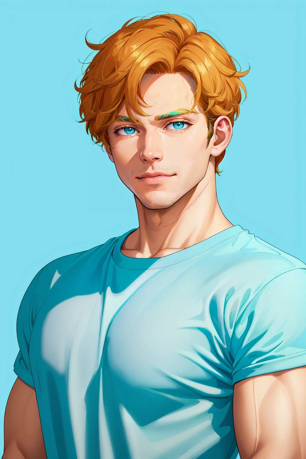 kj apa, handsome man in front of light turquoise background, one model, studio portrait, medium close-up, detailed skin, pores, goosebumps, scaled skin, sony alpha, advertising photography, bright high-key lighting, professional headshot, plain t-shirt, smirk i, art by artgerm, in the style of Rumiko Takahashi