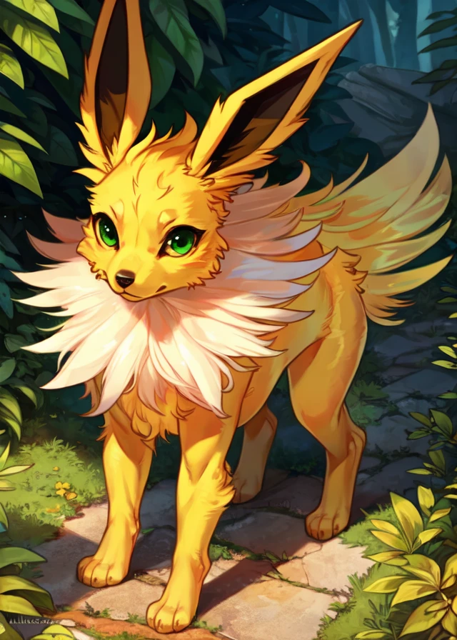 <lora:Y1-Furry-Eeveelution:0.75>,
uploaded on e621, ((by Sandra Chevrier, by Katsushika Hokusai, by Lawyerdog, by Alphonse Mucha)),
solo chibi (quadruped feral:1.4) ((Jolteon)) with ((yellow body)) and ((clear green eyes)) and ((neck tuft)),
(detailed Jolteon), ((detailed fluffy fur)),
(three-quarter portrait, looking at viewer, side view, [high-angle view]:1.2),
BREAK,
(detailed background, depth of field, half body shadow, sunlight, ambient light on the body),
(intricate:0.7), (high detail:1.2), (unreal engine:1.3), (sharp focus:1.1),
[explicit content, questionable content], (masterpiece, best quality, 4k, 2k, shaded, absurd res)